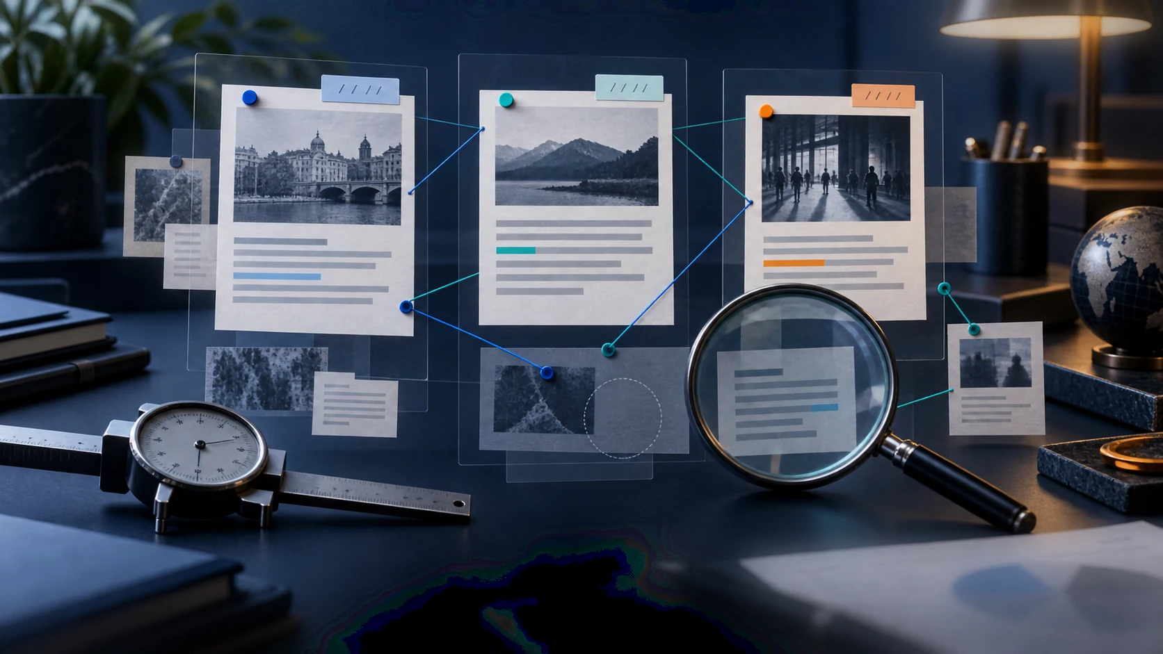 Illustration of linked source cards arranged around a magnifying glass.