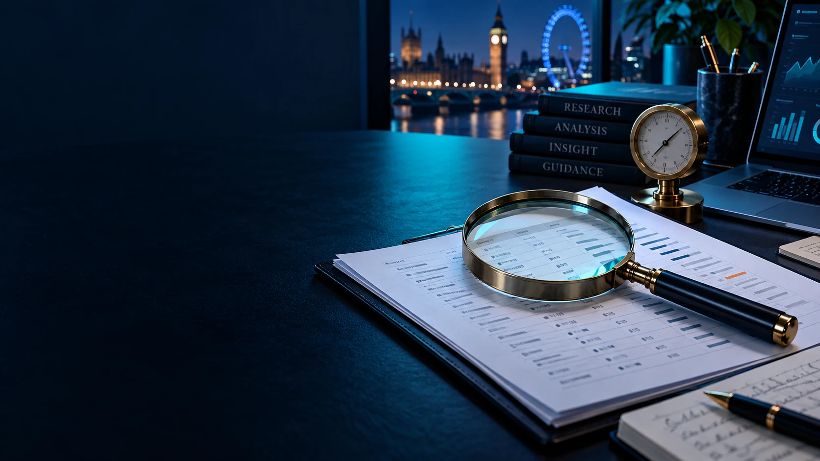 A magnifying glass rests over evidence notes beside research books, a gauge and a laptop in a dark blue workspace.