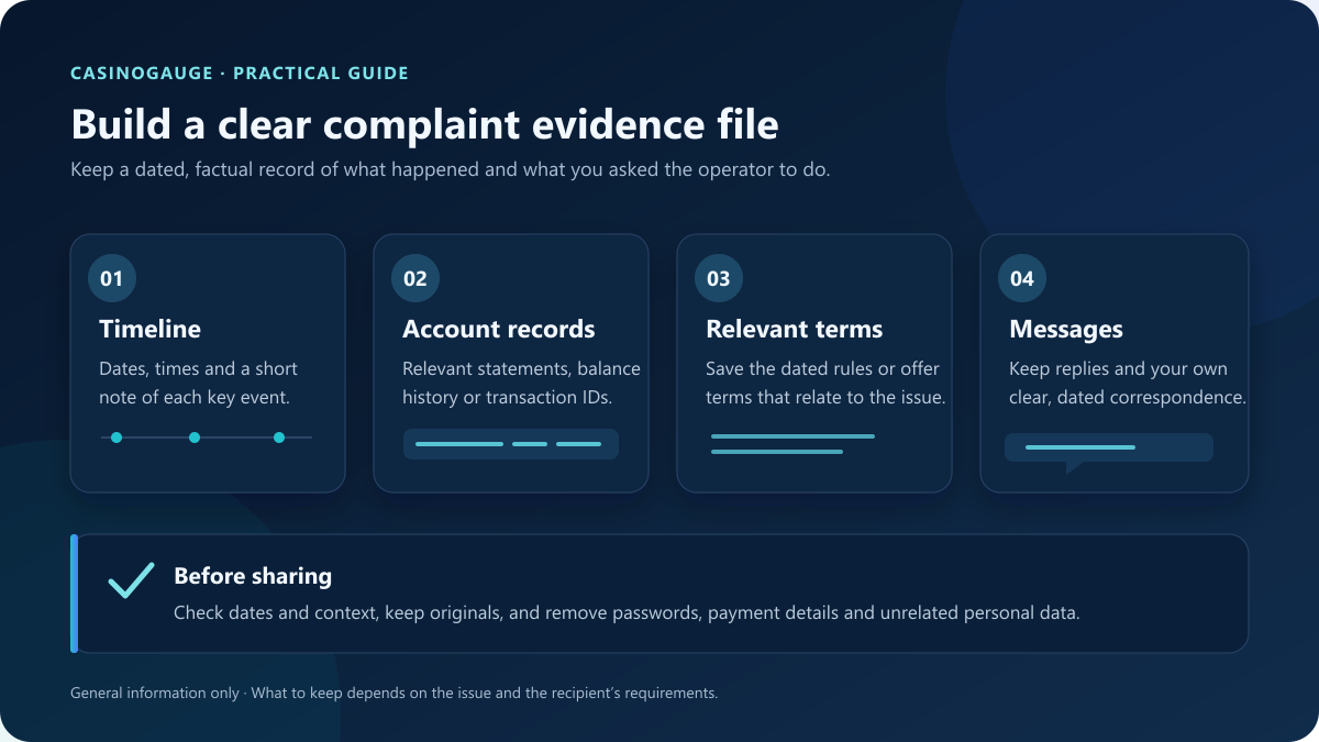 Diagram showing a complaint timeline, account and transaction records, relevant terms, operator messages and a reminder to remove unrelated personal data before sharing.