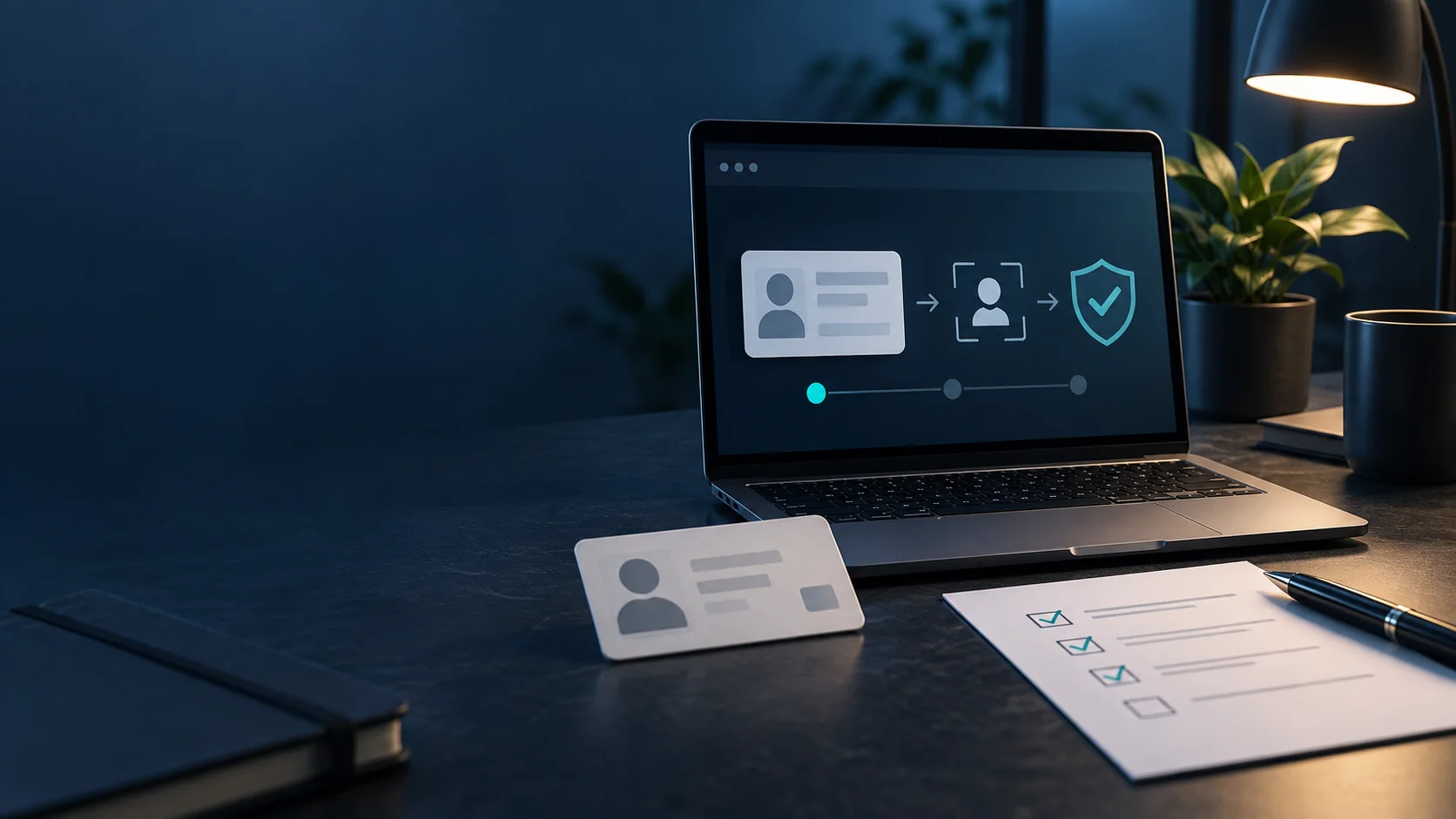 Illustration of an identity card and online verification steps displayed on a laptop.