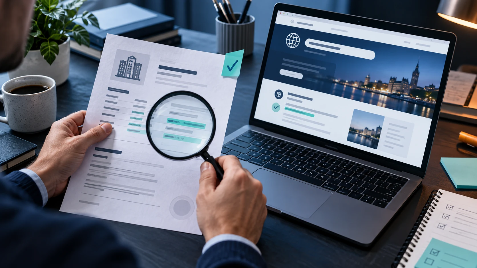 Illustration of someone checking online company details against a printed record.